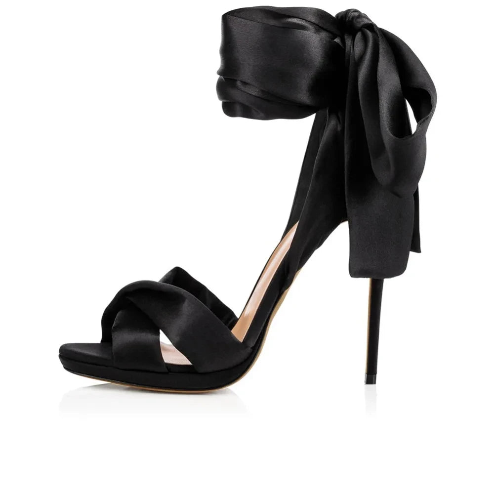Elegant Summer Women's Sandals Peep Toe High Heel Shoes Stilettos Lace Up Wedding Ceremony Party Heels Black Red Satin Customize