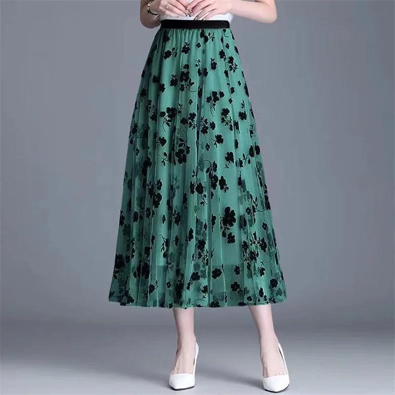 Mesh Floral Skirt For Women 2024 Spring New Lace Flocking Fashion Big Swing Elastic High Waisted Elegant Mujer Party A-Line - E-line.com
