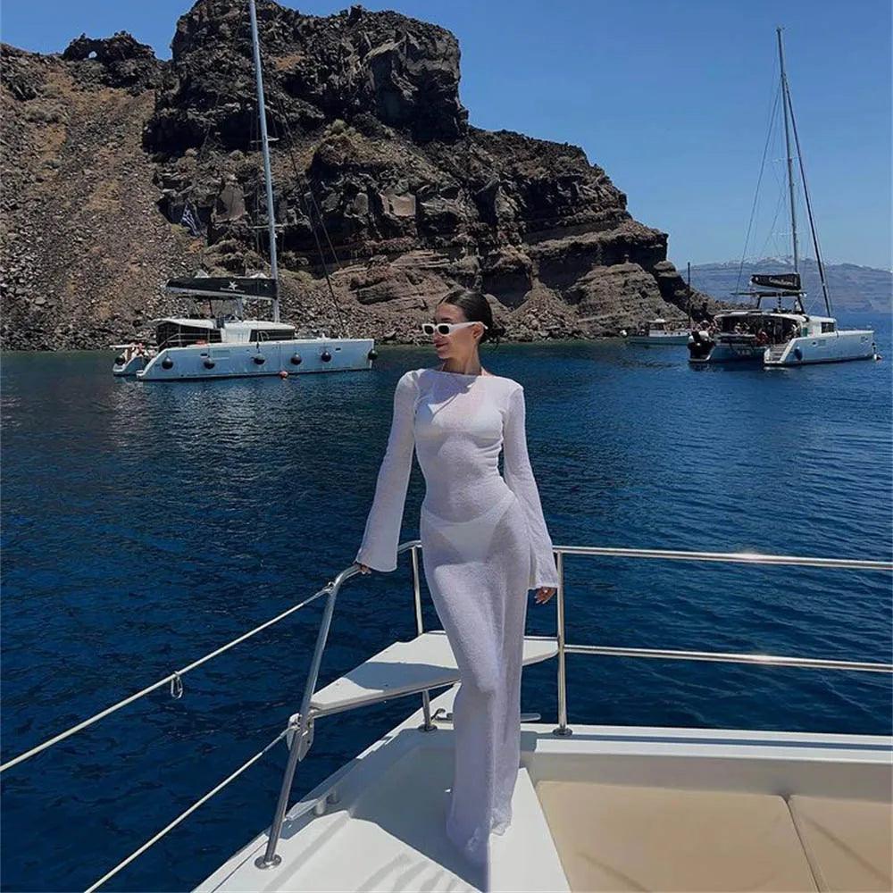 Fashion Women Wrapped Dress Long Sleeve Round Neck See Through Sunscreen Solid Color Backless Beach Long Dress Summer Cover Up - E-line.com