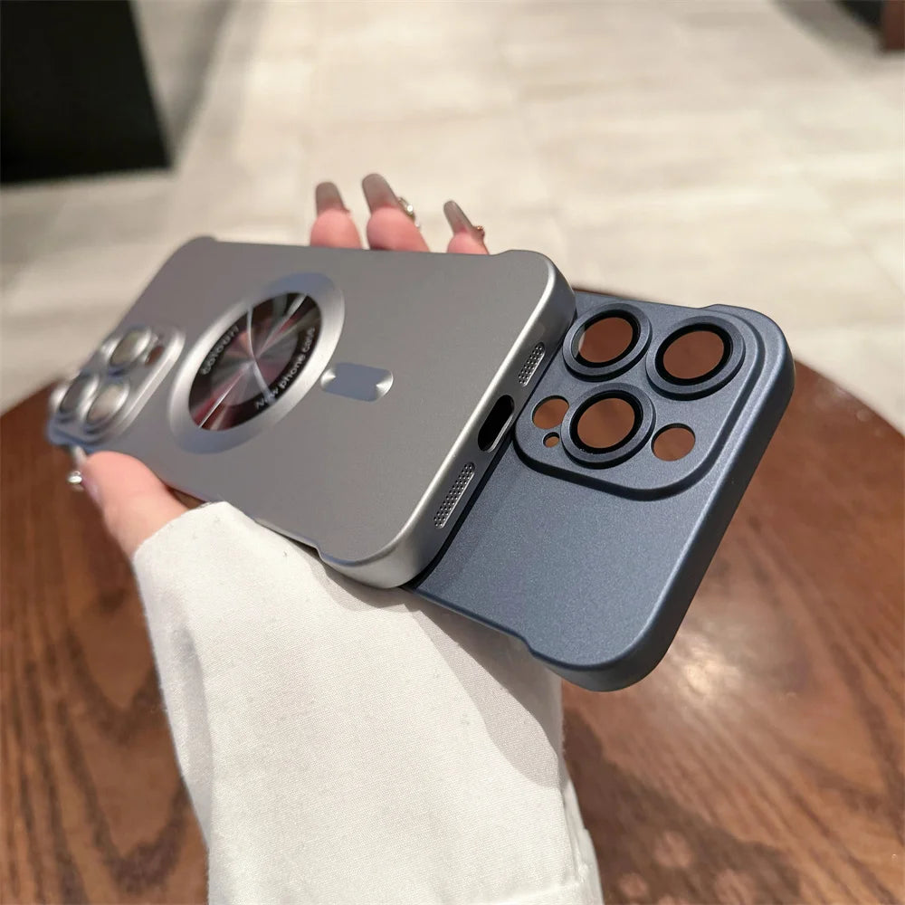 Borderless Magsafe Cover for iPhone 13 12 14 15 16 Pro Max Logo Hole Case for iPhone 14 Pro Plating Matte Ultra Thin Hard Case