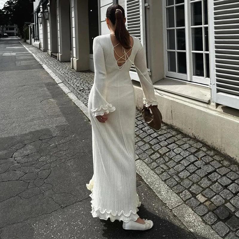 Fashion Flared Sleeves Lace Hem Maxi Dress Lady Elegant Solid Back Lace Up Long Dress Female Casual Streetwear Club Party Robes - E-line.com