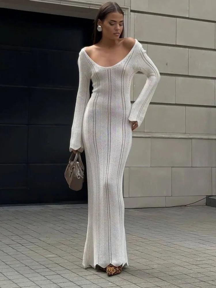 Fashion Flared Sleeves Lace Hem Maxi Dress Lady Elegant Solid Back Lace Up Long Dress Female Casual Streetwear Club Party Robes - E-line.com
