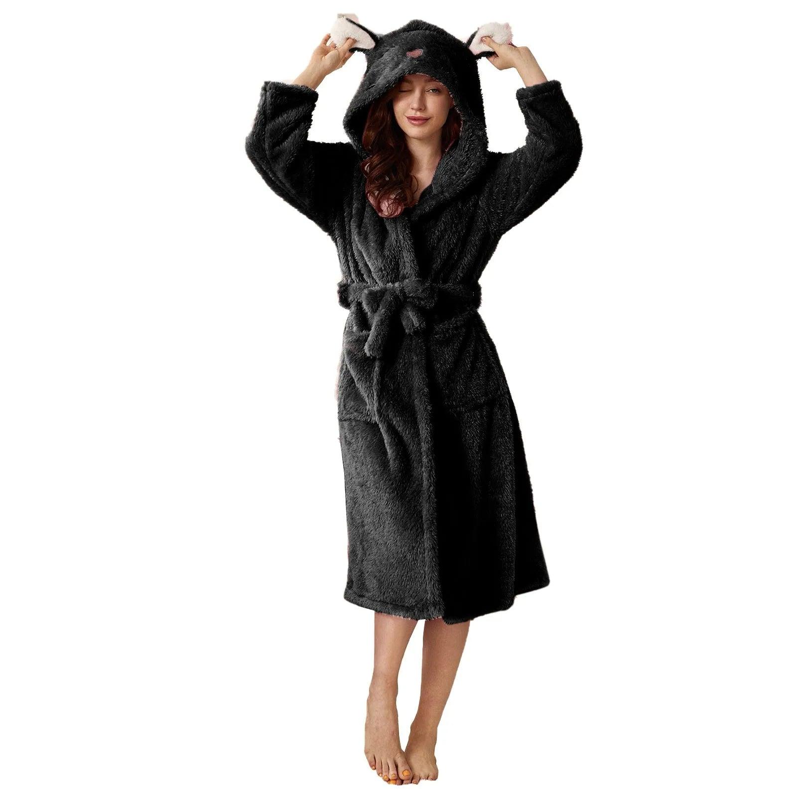 Autumn Cute Rabbit Ear Women's Flannel Bath Robes Thicken Warm Hooded Wine Blue Green Bathrobes Ladies Lace-up Velvet Pajamas - E-line.com