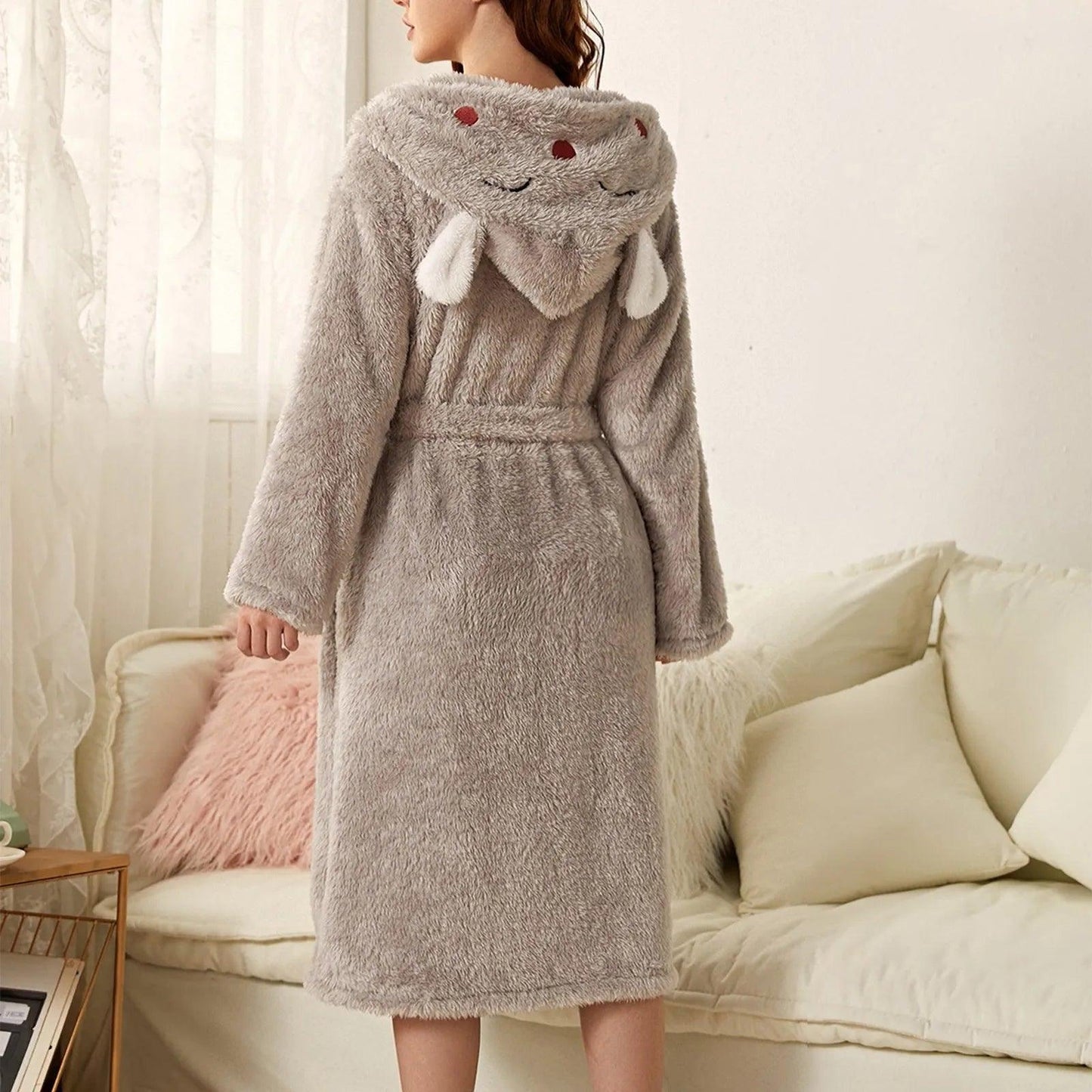 Autumn Cute Rabbit Ear Women's Flannel Bath Robes Thicken Warm Hooded Wine Blue Green Bathrobes Ladies Lace-up Velvet Pajamas - E-line.com