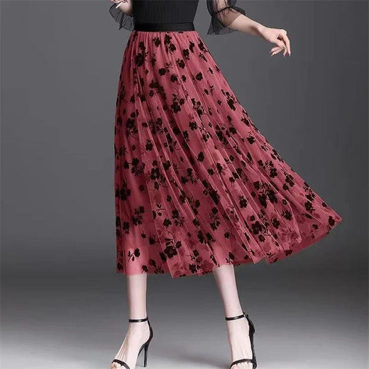 Mesh Floral Skirt For Women 2024 Spring New Lace Flocking Fashion Big Swing Elastic High Waisted Elegant Mujer Party A-Line - E-line.com