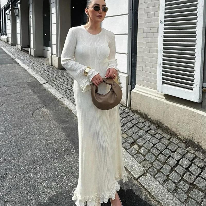Fashion Flared Sleeves Lace Hem Maxi Dress Lady Elegant Solid Back Lace Up Long Dress Female Casual Streetwear Club Party Robes - E-line.com