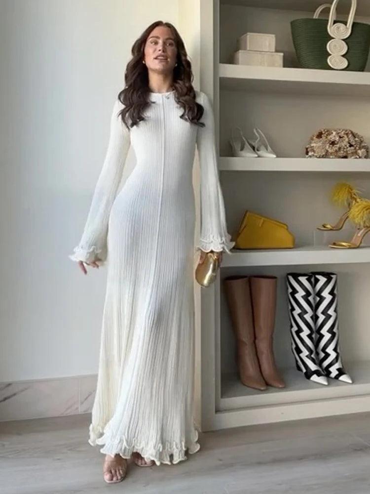 Fashion Flared Sleeves Lace Hem Maxi Dress Lady Elegant Solid Back Lace Up Long Dress Female Casual Streetwear Club Party Robes - E-line.com