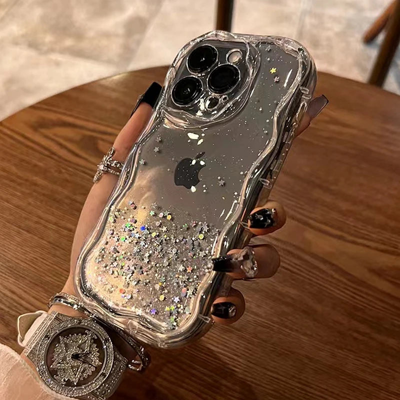 Glitter Wavy Lines Phone Case For iphone 11 12 13 14 15 Pro Max XS Max X XR 7 8 Plus SE 2020 Bumper Transparent Cases Cover