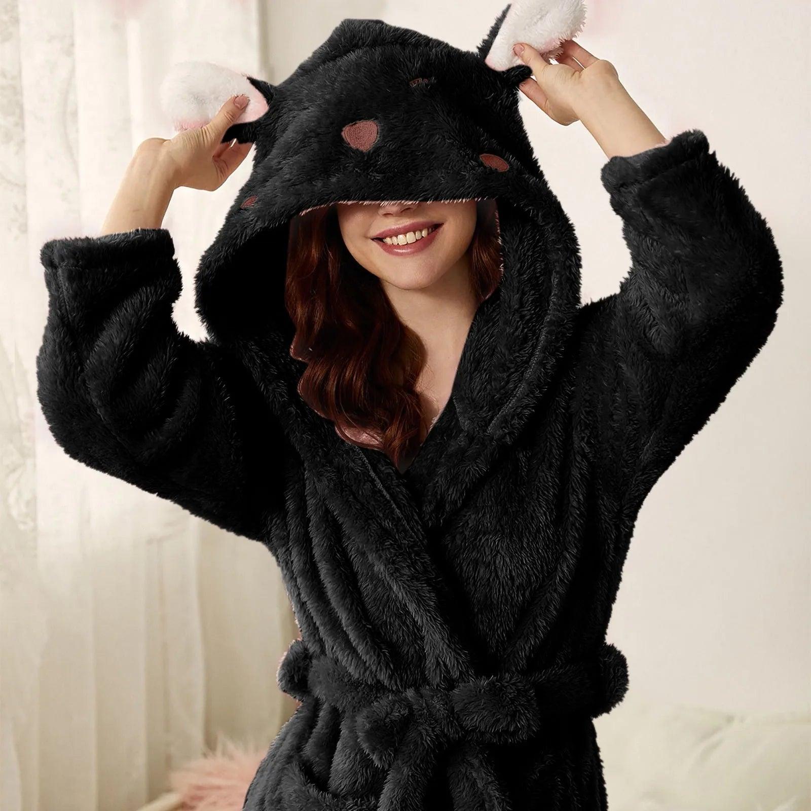Autumn Cute Rabbit Ear Women's Flannel Bath Robes Thicken Warm Hooded Wine Blue Green Bathrobes Ladies Lace-up Velvet Pajamas - E-line.com