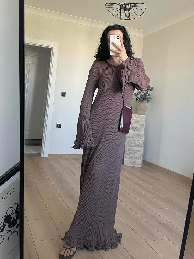 Fashion Flared Sleeves Lace Hem Maxi Dress Lady Elegant Solid Back Lace Up Long Dress Female Casual Streetwear Club Party Robes - E-line.com