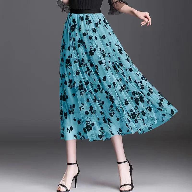 Mesh Floral Skirt For Women 2024 Spring New Lace Flocking Fashion Big Swing Elastic High Waisted Elegant Mujer Party A-Line - E-line.com