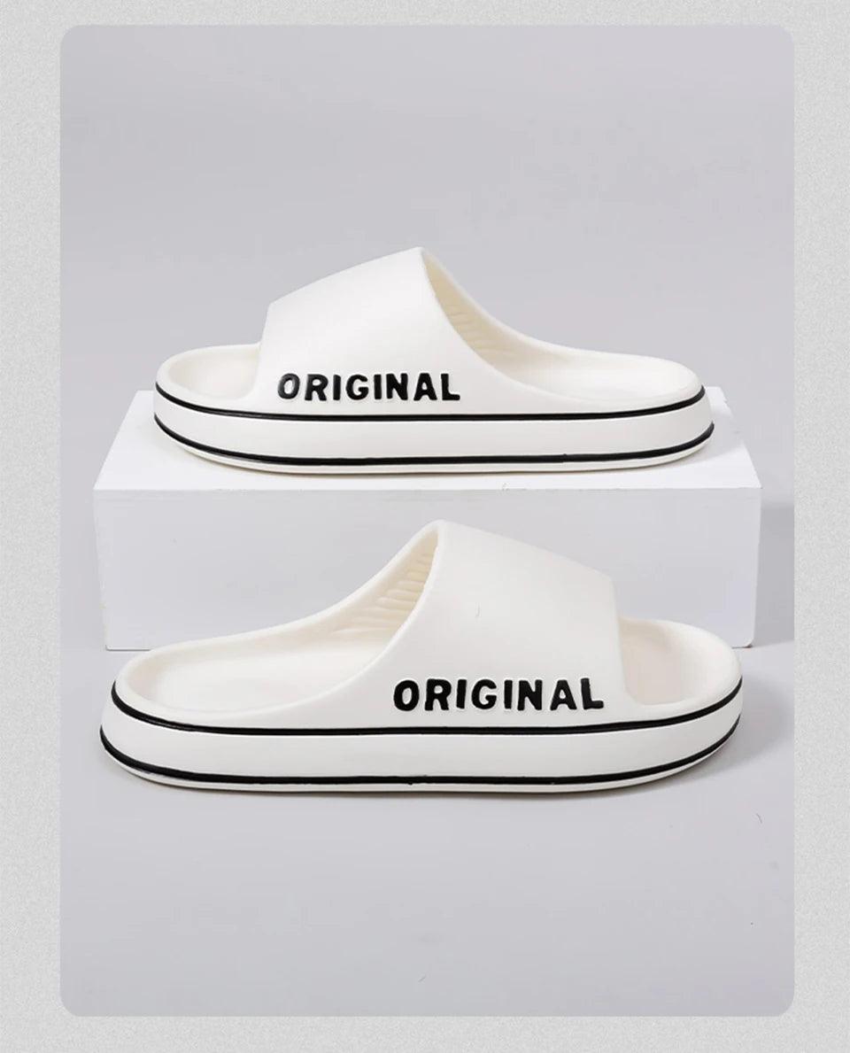 Feslishoet Women Letter Slippers Beach Slides Solid Color Mens Thick Sole Indoor Bathroom Anti Slip Shoes Summer Couple Sandals - E-line.com