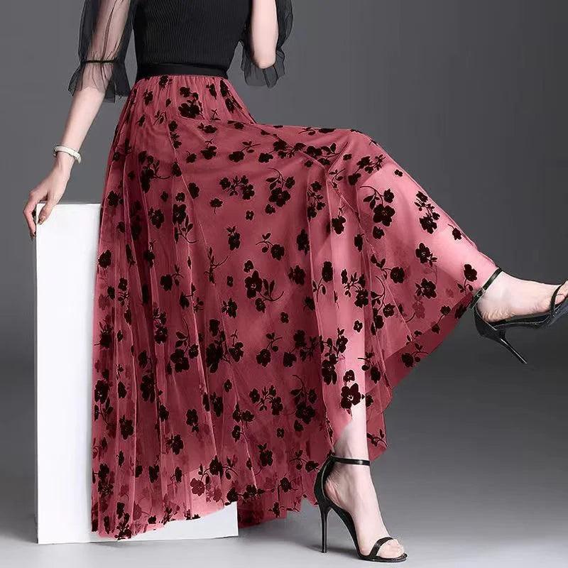 Mesh Floral Skirt For Women 2024 Spring New Lace Flocking Fashion Big Swing Elastic High Waisted Elegant Mujer Party A-Line - E-line.com