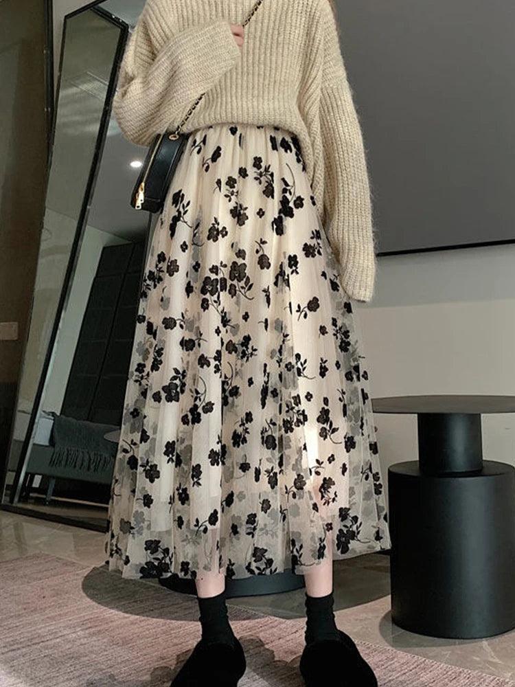 Mesh Floral Skirt For Women 2024 Spring New Lace Flocking Fashion Big Swing Elastic High Waisted Elegant Mujer Party A-Line - E-line.com