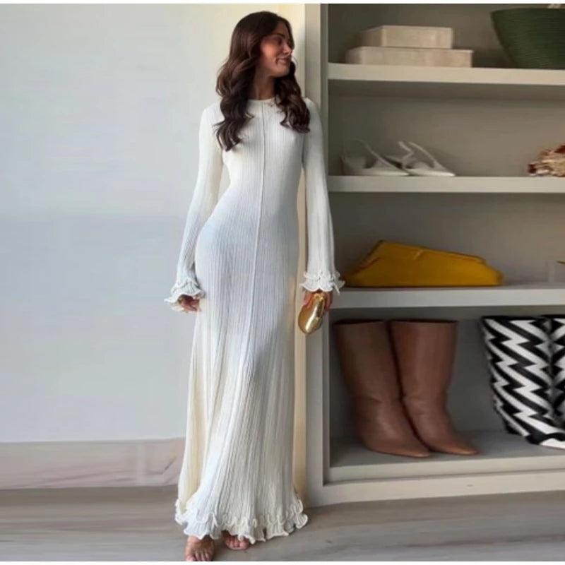 Fashion Flared Sleeves Lace Hem Maxi Dress Lady Elegant Solid Back Lace Up Long Dress Female Casual Streetwear Club Party Robes - E-line.com