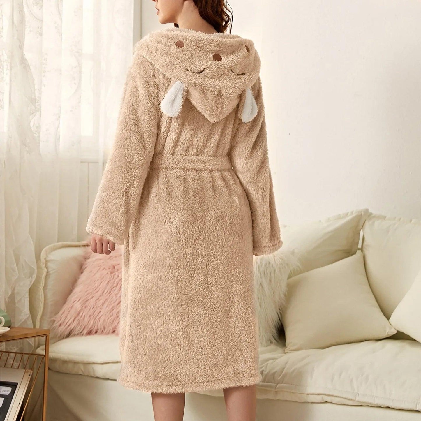 Autumn Cute Rabbit Ear Women's Flannel Bath Robes Thicken Warm Hooded Wine Blue Green Bathrobes Ladies Lace-up Velvet Pajamas - E-line.com