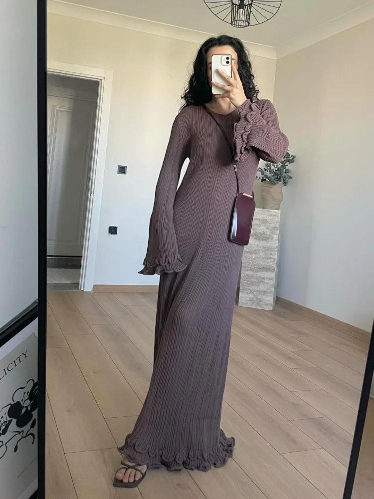 Fashion Flared Sleeves Lace Hem Maxi Dress Lady Elegant Solid Back Lace Up Long Dress Female Casual Streetwear Club Party Robes - E-line.com
