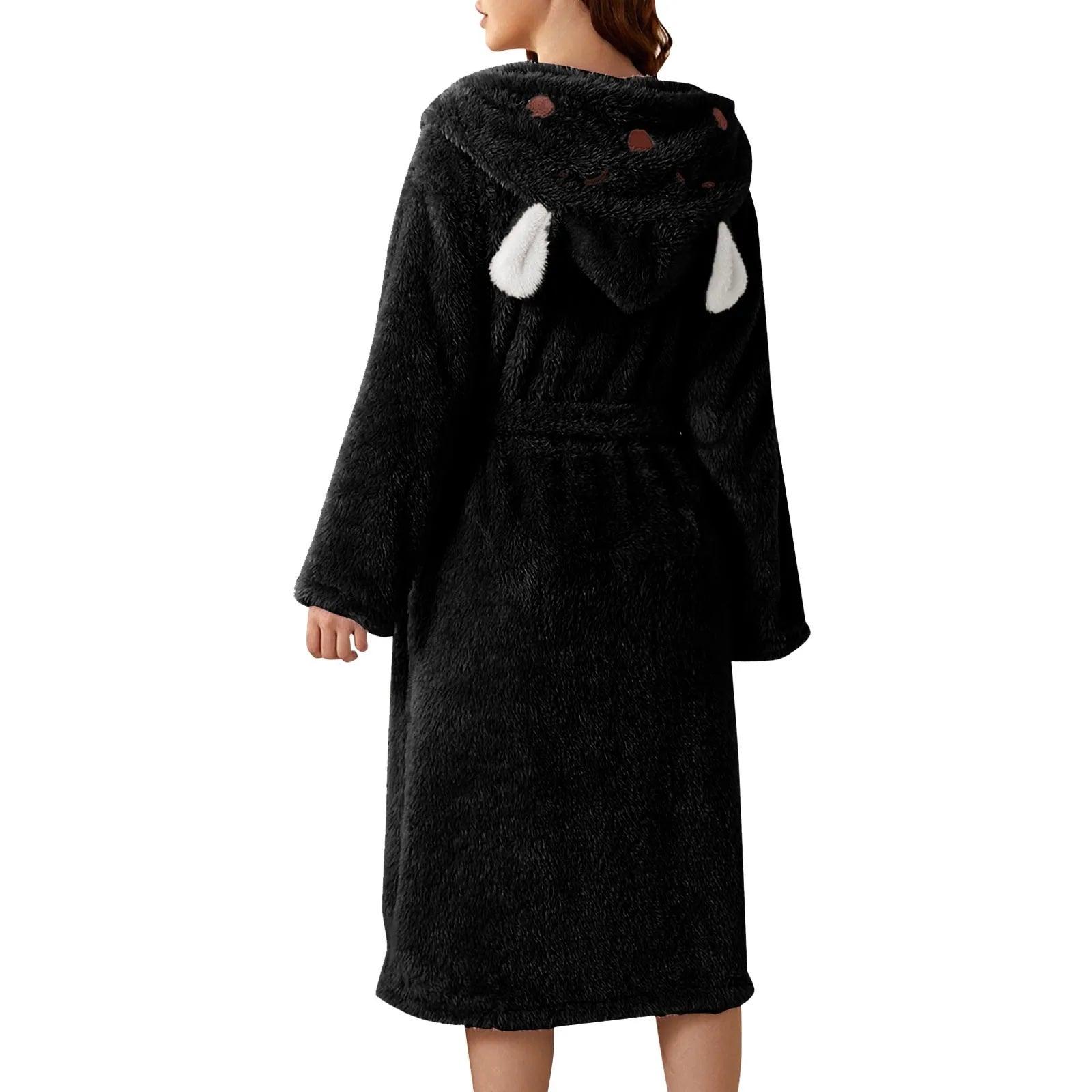 Autumn Cute Rabbit Ear Women's Flannel Bath Robes Thicken Warm Hooded Wine Blue Green Bathrobes Ladies Lace-up Velvet Pajamas - E-line.com
