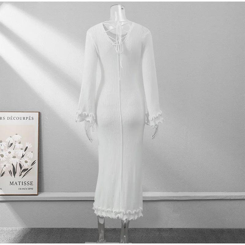 Fashion Flared Sleeves Lace Hem Maxi Dress Lady Elegant Solid Back Lace Up Long Dress Female Casual Streetwear Club Party Robes - E-line.com