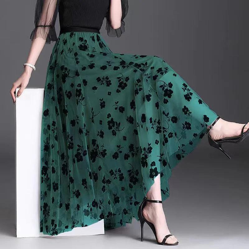 Mesh Floral Skirt For Women 2024 Spring New Lace Flocking Fashion Big Swing Elastic High Waisted Elegant Mujer Party A-Line - E-line.com