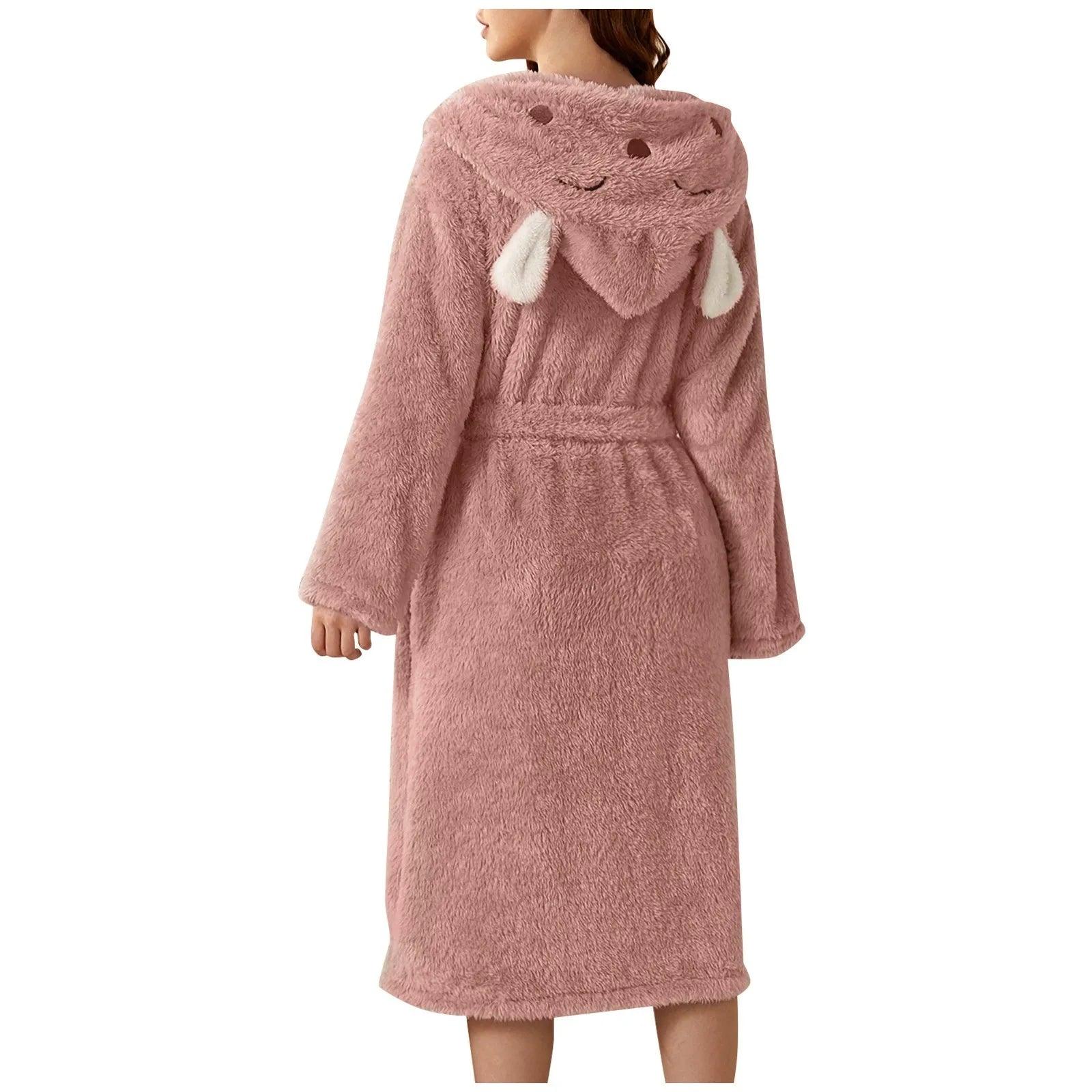 Autumn Cute Rabbit Ear Women's Flannel Bath Robes Thicken Warm Hooded Wine Blue Green Bathrobes Ladies Lace-up Velvet Pajamas - E-line.com