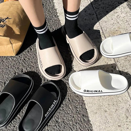 Feslishoet Women Letter Slippers Beach Slides Solid Color Mens Thick Sole Indoor Bathroom Anti Slip Shoes Summer Couple Sandals - E-line.com