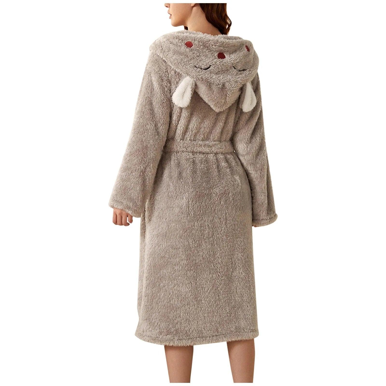 Autumn Cute Rabbit Ear Women's Flannel Bath Robes Thicken Warm Hooded Wine Blue Green Bathrobes Ladies Lace-up Velvet Pajamas - E-line.com