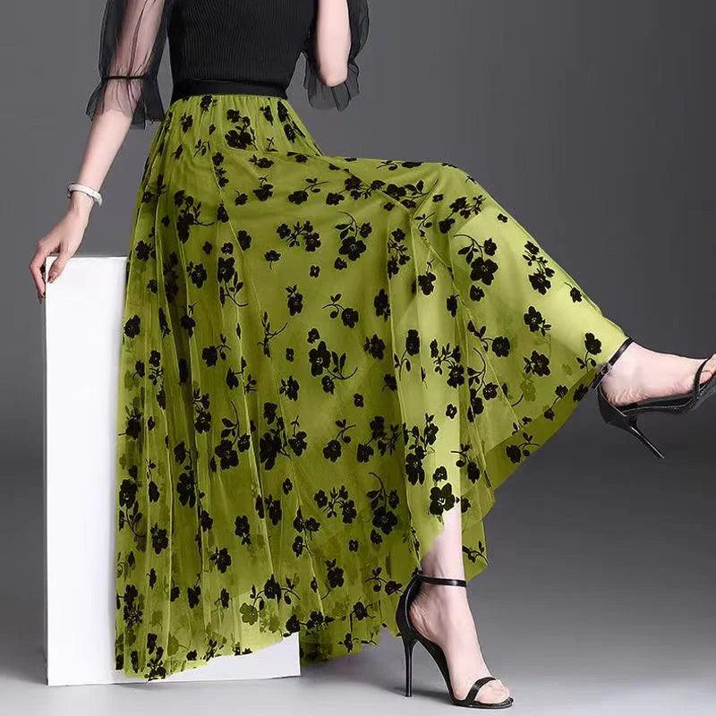 Mesh Floral Skirt For Women 2024 Spring New Lace Flocking Fashion Big Swing Elastic High Waisted Elegant Mujer Party A-Line - E-line.com