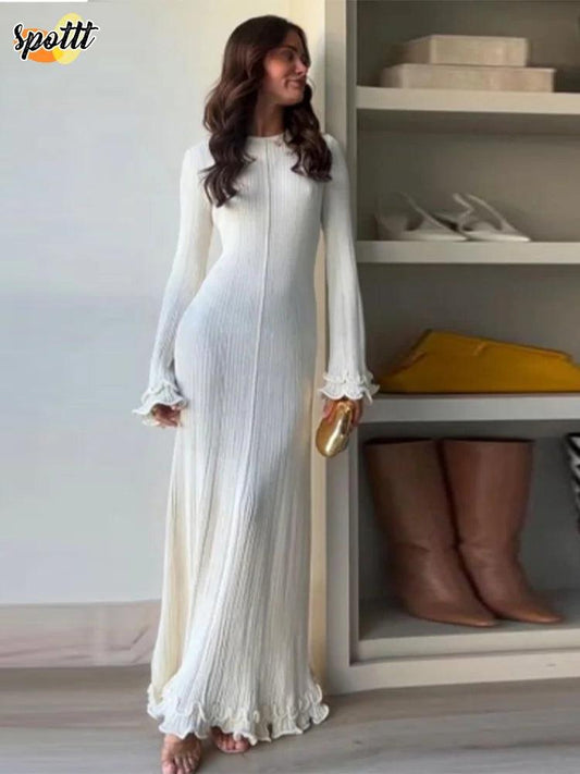 Fashion Flared Sleeves Lace Hem Maxi Dress Lady Elegant Solid Back Lace Up Long Dress Female Casual Streetwear Club Party Robes - E-line.com