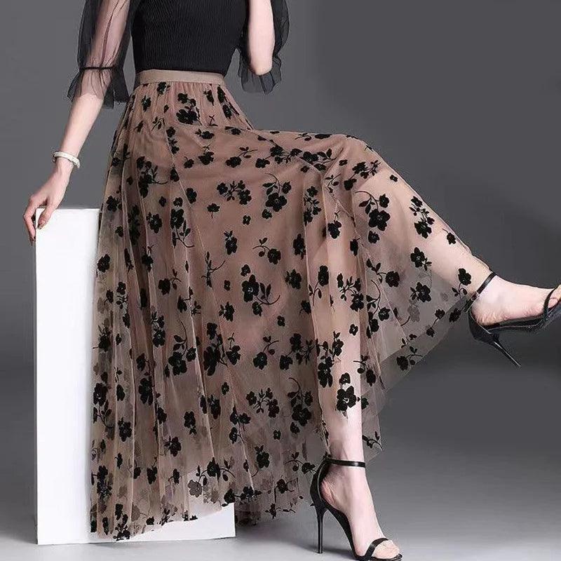 Mesh Floral Skirt For Women 2024 Spring New Lace Flocking Fashion Big Swing Elastic High Waisted Elegant Mujer Party A-Line - E-line.com