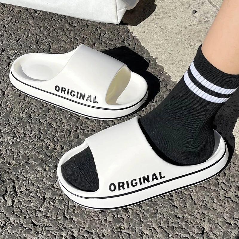 Feslishoet Women Letter Slippers Beach Slides Solid Color Mens Thick Sole Indoor Bathroom Anti Slip Shoes Summer Couple Sandals - E-line.com