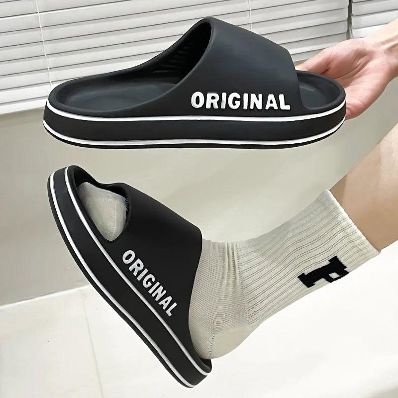 Feslishoet Women Letter Slippers Beach Slides Solid Color Mens Thick Sole Indoor Bathroom Anti Slip Shoes Summer Couple Sandals - E-line.com