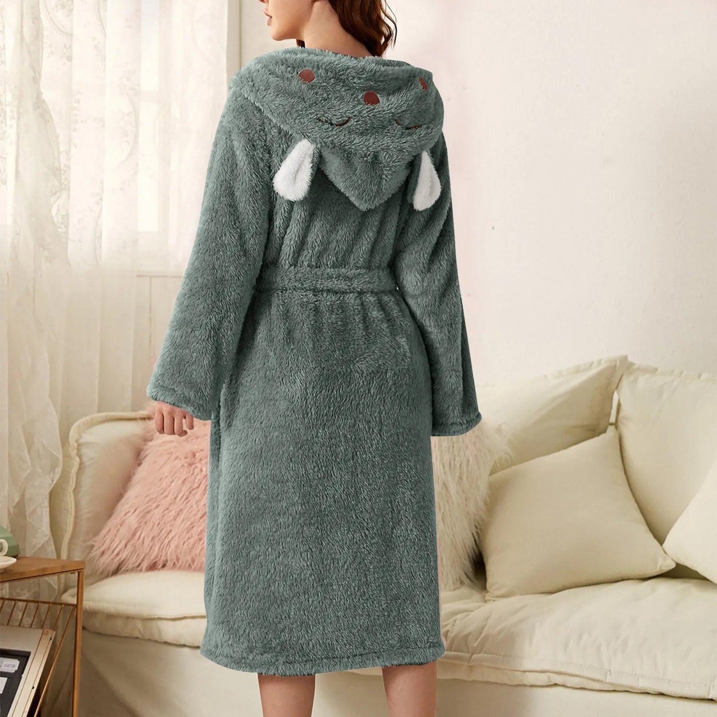 Autumn Cute Rabbit Ear Women's Flannel Bath Robes Thicken Warm Hooded Wine Blue Green Bathrobes Ladies Lace-up Velvet Pajamas - E-line.com