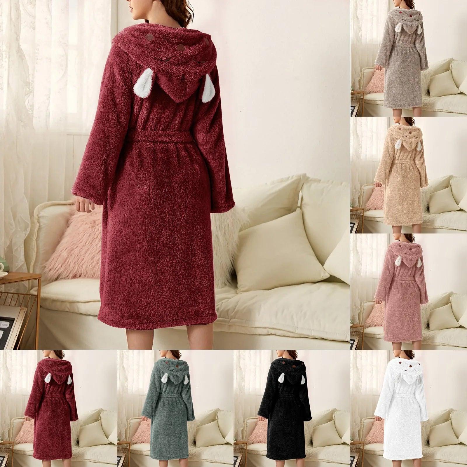 Autumn Cute Rabbit Ear Women's Flannel Bath Robes Thicken Warm Hooded Wine Blue Green Bathrobes Ladies Lace-up Velvet Pajamas - E-line.com