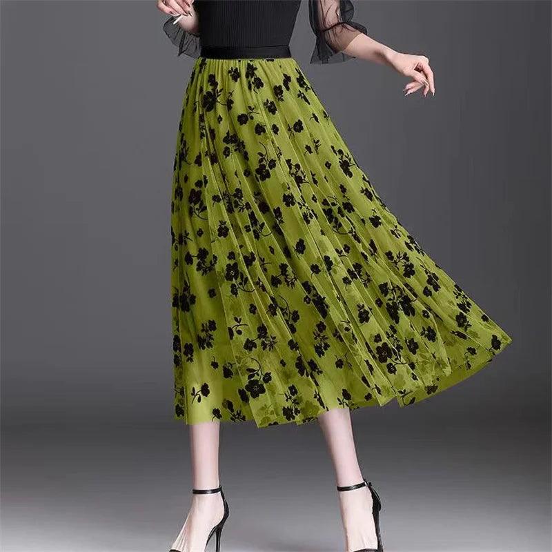 Mesh Floral Skirt For Women 2024 Spring New Lace Flocking Fashion Big Swing Elastic High Waisted Elegant Mujer Party A-Line - E-line.com