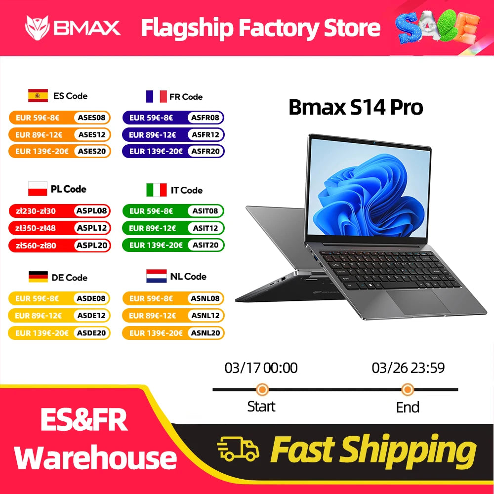 BMAX S14 Pro Intel N5000 8GB RAM 256GB SSD CPU 1920*1080 14 Inch Laptop Windows 11 Dual Notebook Wifi USB laptop PC