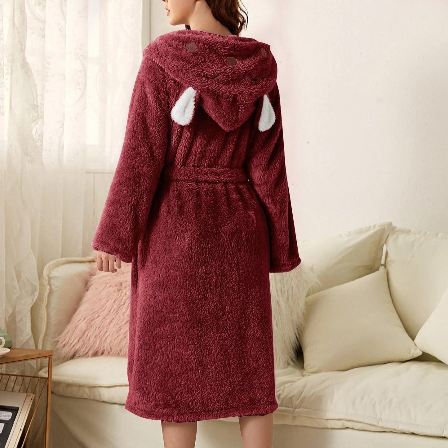 Autumn Cute Rabbit Ear Women's Flannel Bath Robes Thicken Warm Hooded Wine Blue Green Bathrobes Ladies Lace-up Velvet Pajamas - E-line.com