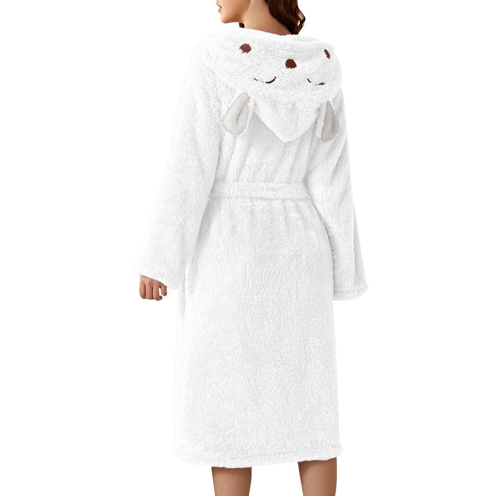 Autumn Cute Rabbit Ear Women's Flannel Bath Robes Thicken Warm Hooded Wine Blue Green Bathrobes Ladies Lace-up Velvet Pajamas - E-line.com