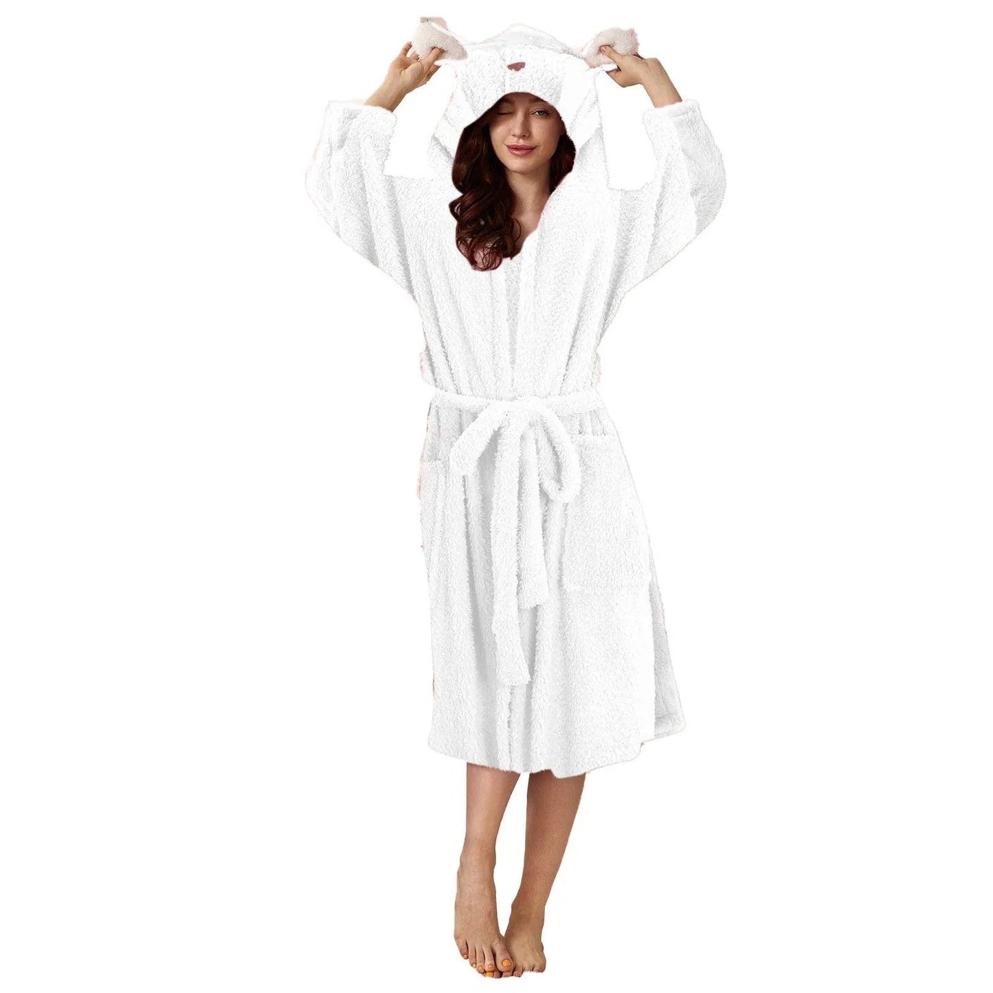 Autumn Cute Rabbit Ear Women's Flannel Bath Robes Thicken Warm Hooded Wine Blue Green Bathrobes Ladies Lace-up Velvet Pajamas - E-line.com