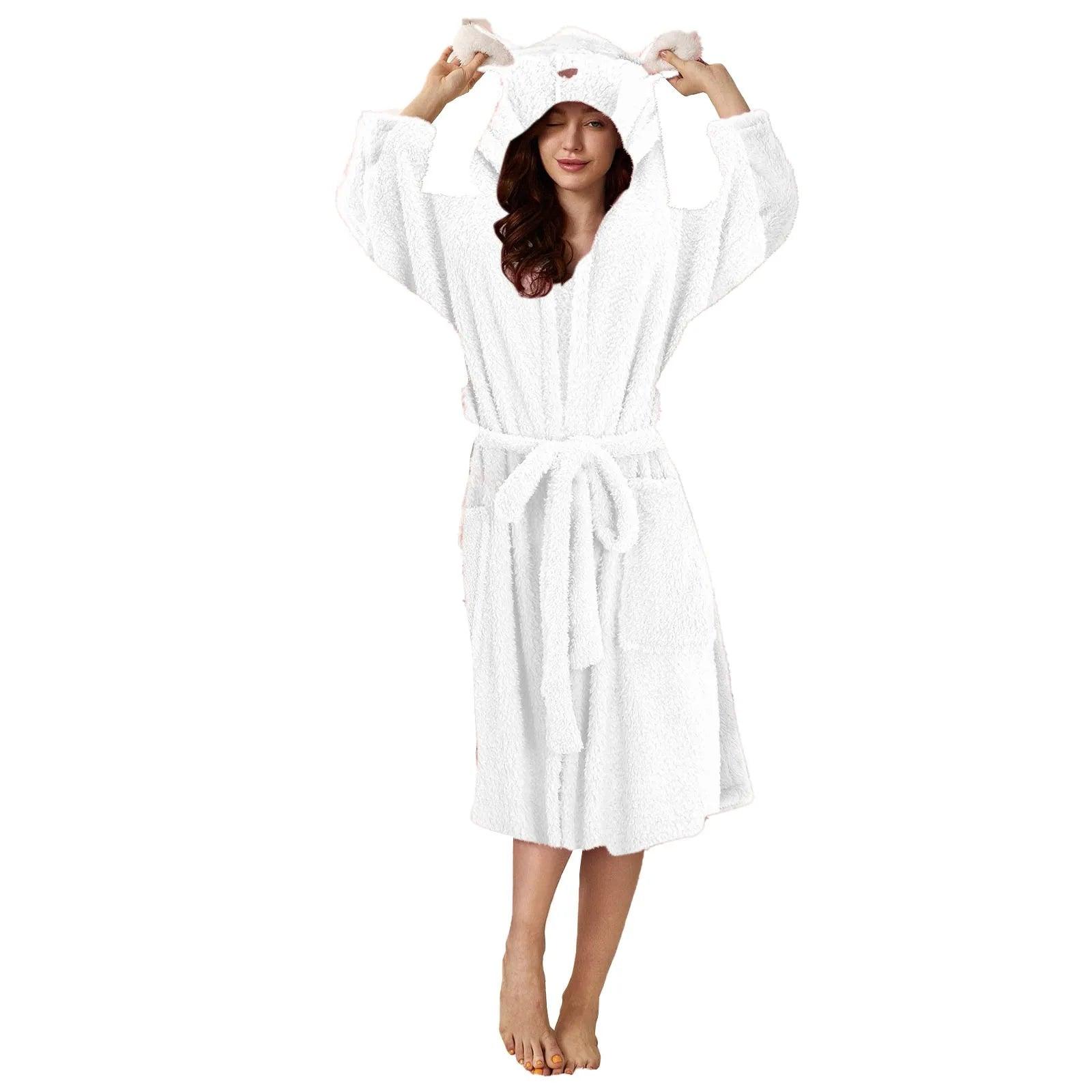 Autumn Cute Rabbit Ear Women's Flannel Bath Robes Thicken Warm Hooded Wine Blue Green Bathrobes Ladies Lace-up Velvet Pajamas - E-line.com