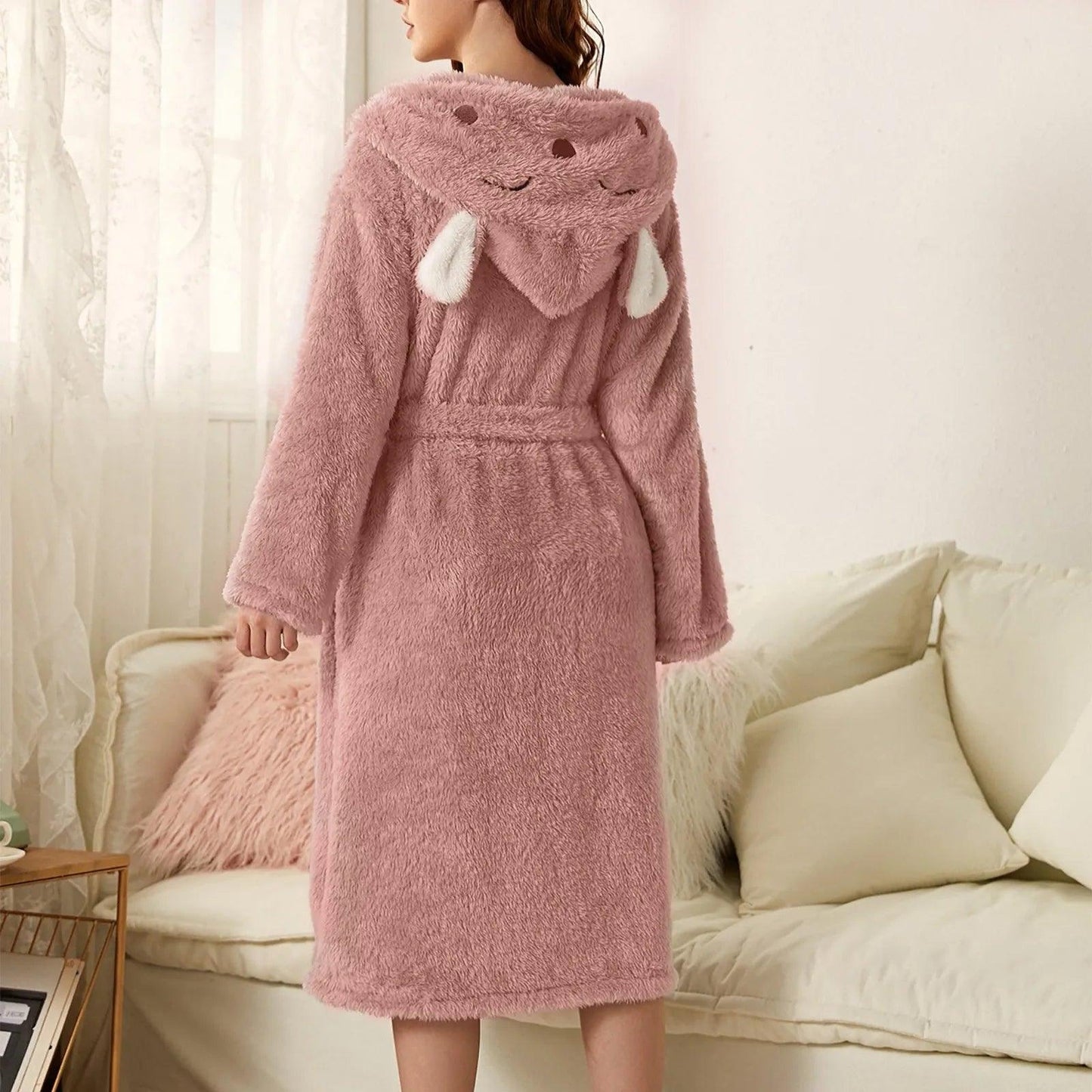 Autumn Cute Rabbit Ear Women's Flannel Bath Robes Thicken Warm Hooded Wine Blue Green Bathrobes Ladies Lace-up Velvet Pajamas - E-line.com