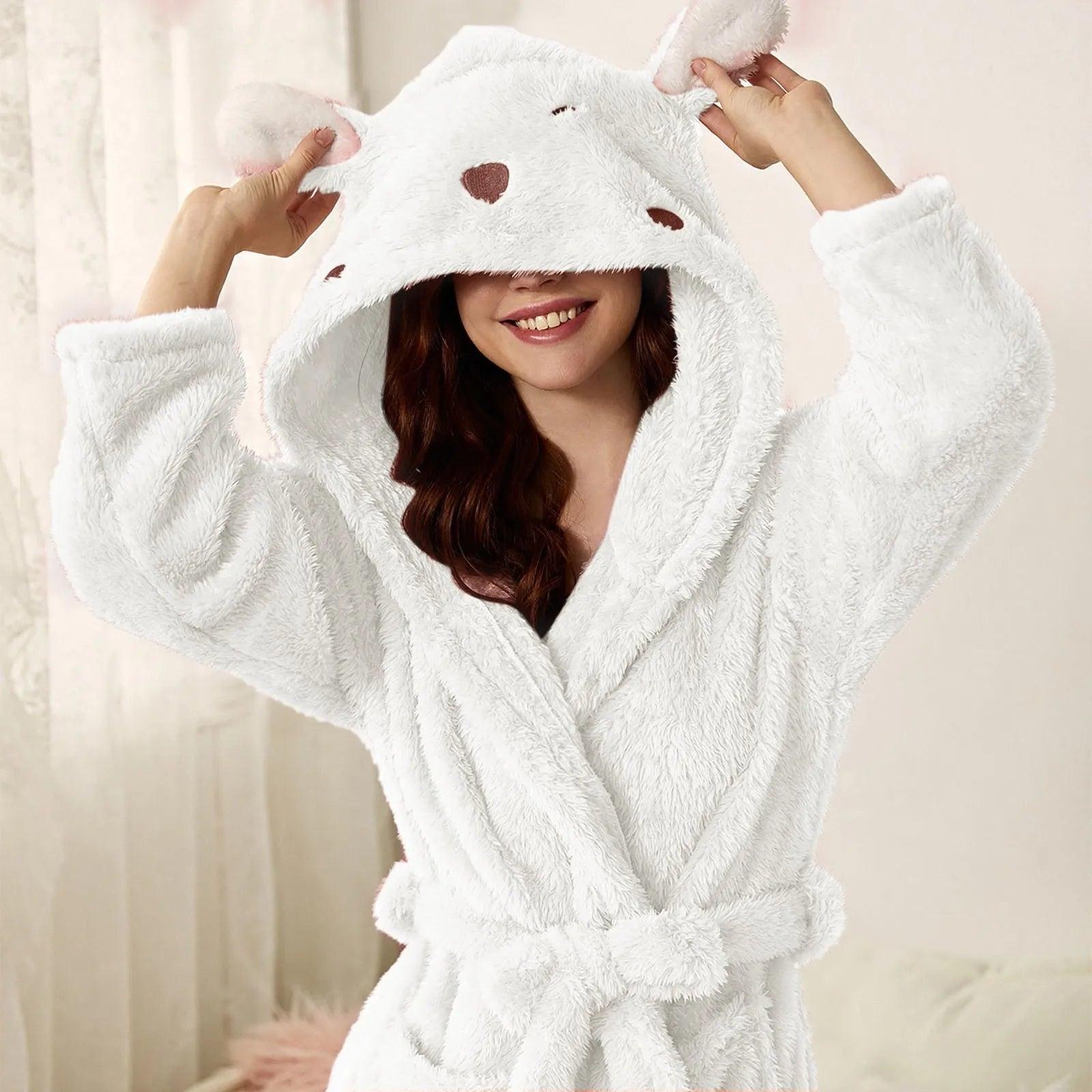 Autumn Cute Rabbit Ear Women's Flannel Bath Robes Thicken Warm Hooded Wine Blue Green Bathrobes Ladies Lace-up Velvet Pajamas - E-line.com