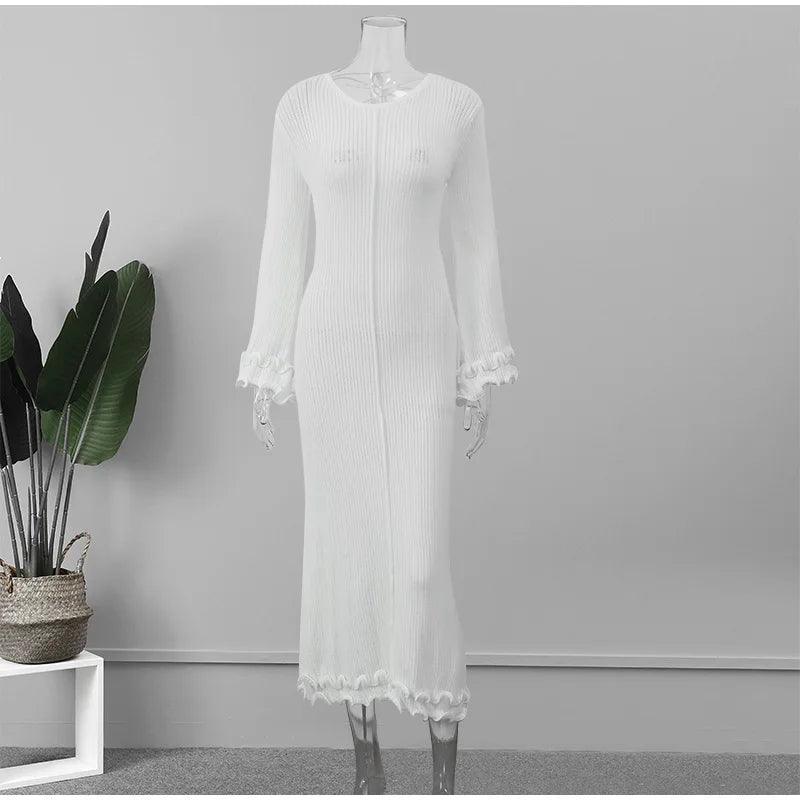 Fashion Flared Sleeves Lace Hem Maxi Dress Lady Elegant Solid Back Lace Up Long Dress Female Casual Streetwear Club Party Robes - E-line.com