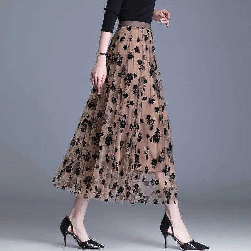 Mesh Floral Skirt For Women 2024 Spring New Lace Flocking Fashion Big Swing Elastic High Waisted Elegant Mujer Party A-Line - E-line.com