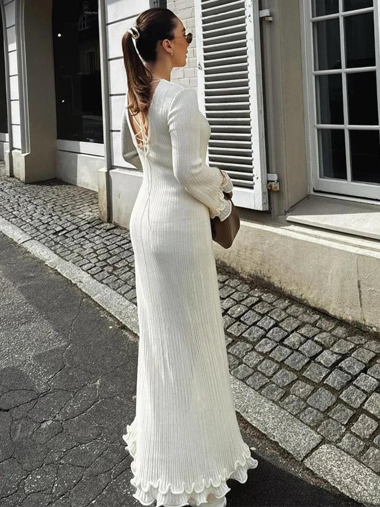 Fashion Flared Sleeves Lace Hem Maxi Dress Lady Elegant Solid Back Lace Up Long Dress Female Casual Streetwear Club Party Robes - E-line.com