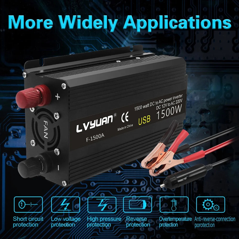 1500W/2000W Solar Power Inverter DC 12V to AC 220V 230V Voltage Converter EU Socket Car Cigarette Lighter Plug Auto Accessories