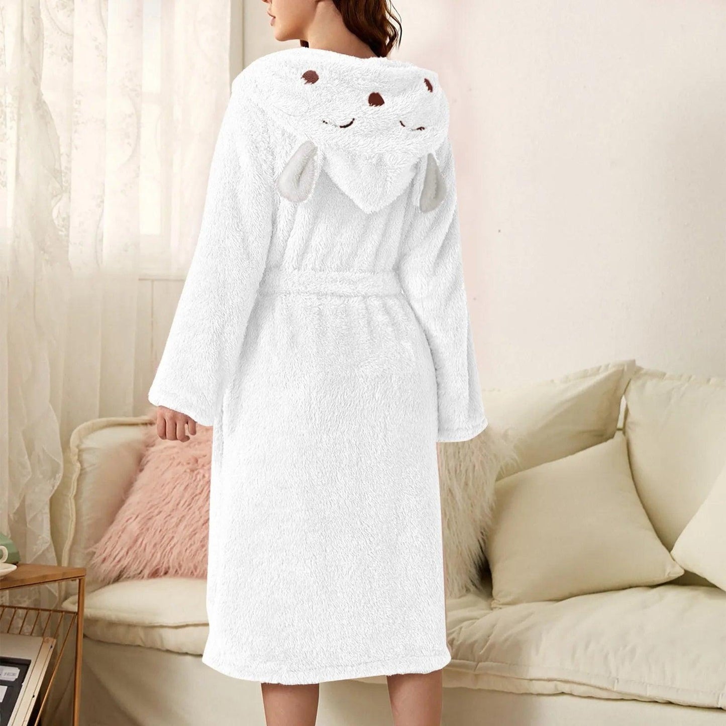 Autumn Cute Rabbit Ear Women's Flannel Bath Robes Thicken Warm Hooded Wine Blue Green Bathrobes Ladies Lace-up Velvet Pajamas - E-line.com