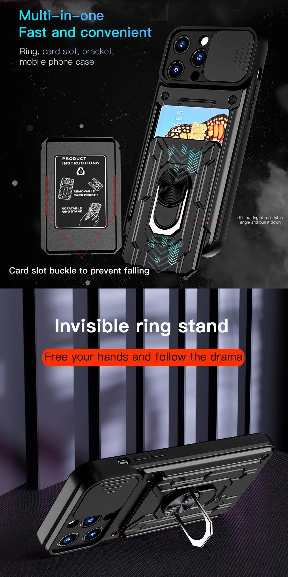 Peatkop Shockproof Case for iPhone 14 Pro Max 14Plus SE 2022 Card Bag Camera Protection Ring Phone Cover for iPhone 11 12 13 Pro - E-line.com