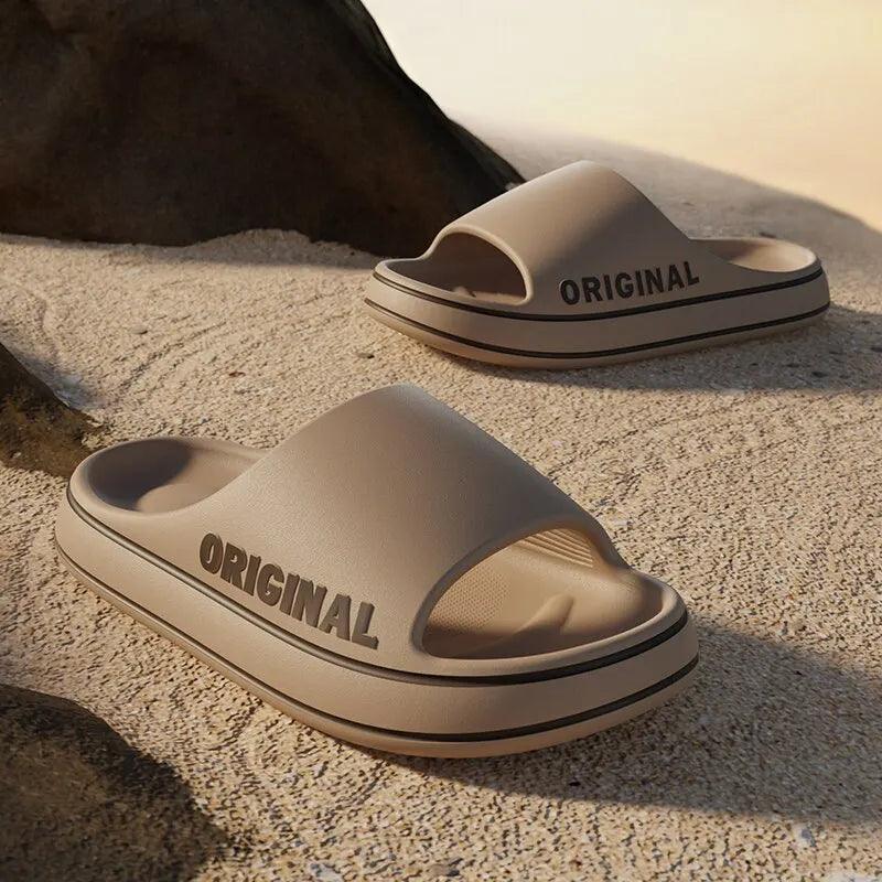 Feslishoet Women Letter Slippers Beach Slides Solid Color Mens Thick Sole Indoor Bathroom Anti Slip Shoes Summer Couple Sandals - E-line.com