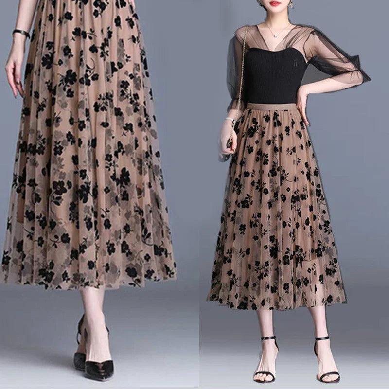 Mesh Floral Skirt For Women 2024 Spring New Lace Flocking Fashion Big Swing Elastic High Waisted Elegant Mujer Party A-Line - E-line.com